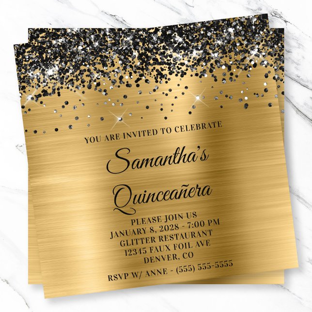 Black Glitter Gold Metallic Look Quinceanera Invitation (Black Glitter Gold Metallic Look Quinceanera Invitation)