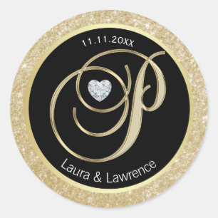 Black Glitter Gold Monogram Wedding Envelope Seals