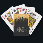 Black glitter gold sparkle monogram script playing cards<br><div class="desc">A trendy and glamourous gift, favour or party games or for inndoor games home. A classic black background decorated with faux gold glitter drips, paint dripping look. Personalise and add a name and your monogram letter. Golden and grey coloured text. The name is written with a modern hand lettered style...</div>