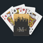 Black glitter gold sparkle monogram script playing cards<br><div class="desc">A trendy and glamourous gift, favour or party games or for inndoor games home. A classic black background decorated with faux gold glitter drips, paint dripping look. Personalise and add a name and your monogram letter. Golden and grey coloured text. The name is written with a modern hand lettered style...</div>