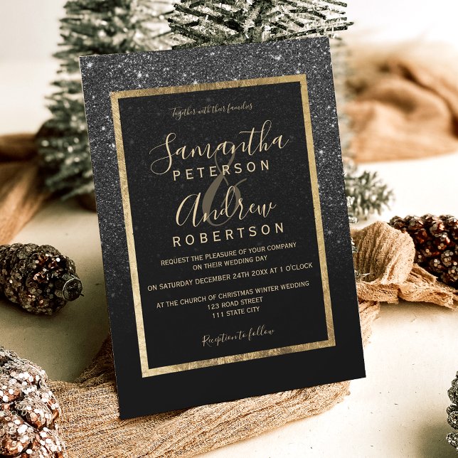 Black glitter gold typography chic winter wedding invitation (Black glitter gold typography chic winter wedding invitation)