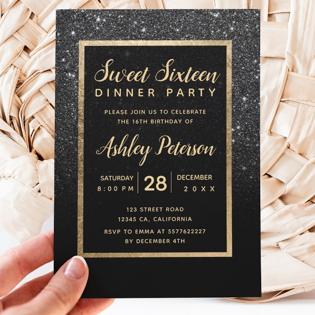 Black glitter gold typography Sweet 16 Invitation (Creator Uploaded)