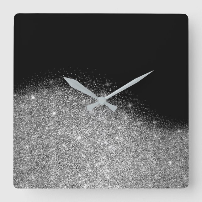 Black Glitter Grey Silver Minimal Metallic Urban Square Wall Clock (Front)