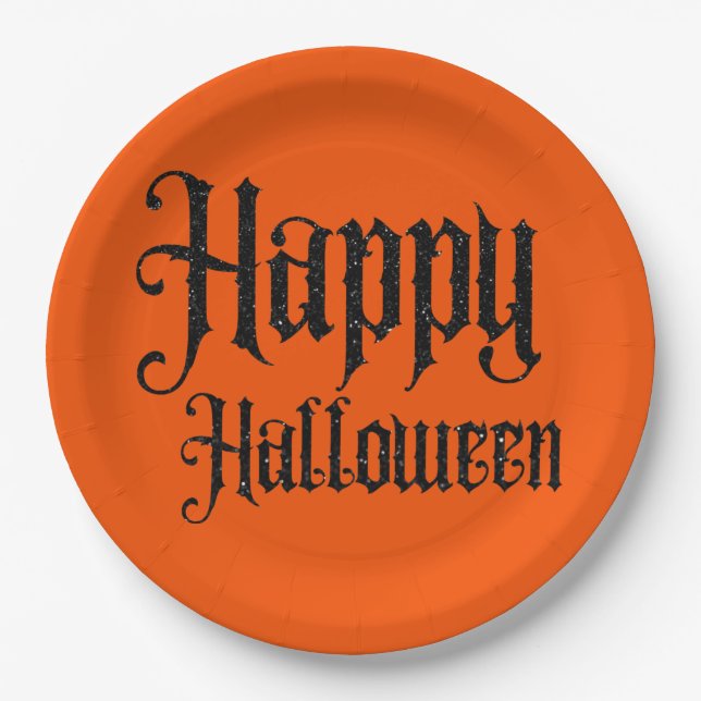 Black Glitter Happy Halloween Paper Plate (Front)