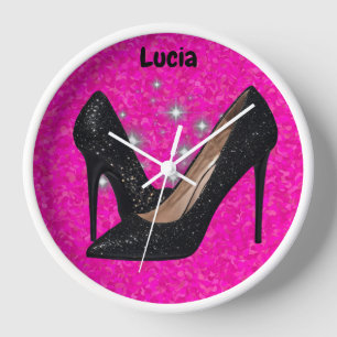 Black Glitter High Heel Shoe on Bright Pink Clock