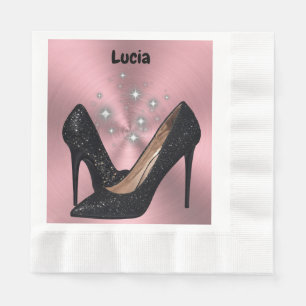 Black Glitter High Heel Shoe on Pink Napkin