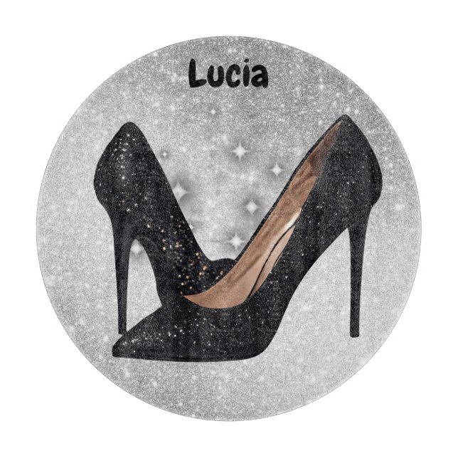 Black Glitter High Heel Shoe on Silver | Cutting Board (Front)