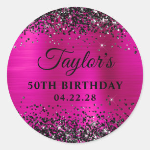 Black Glitter Hot Pink Foil 50th Birthday Classic Round Sticker