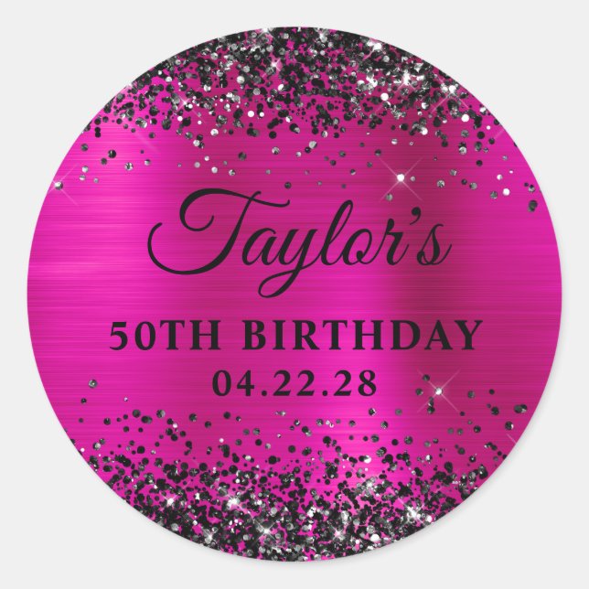 Black Glitter Hot Pink Foil 50th Birthday Classic Round Sticker (Front)