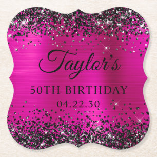 Black Glitter Hot Pink Foil 50th Birthday Paper Coaster
