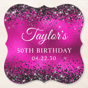 Black Glitter Hot Pink Glass 50th Birthday Paper Coaster