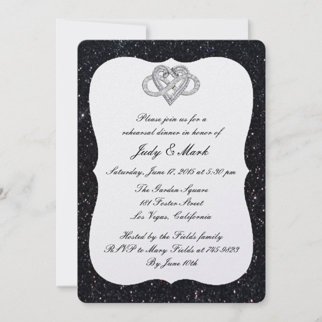 Black Glitter Infinity Heart Rehearsal Dinner Invitation (Front)