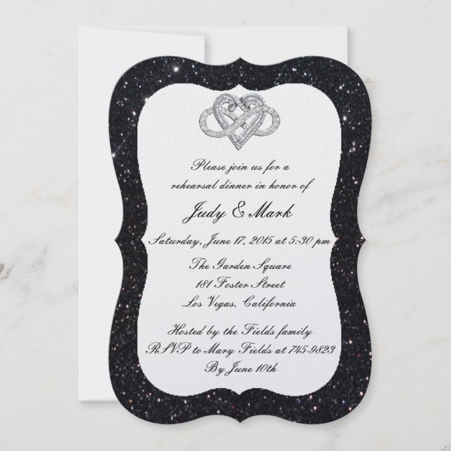 Black Glitter Infinity Heart Rehearsal Dinner Invitation (Front)