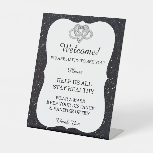 Black Glitter Infinity Heart Wedding Safety  Pedestal Sign (Front)