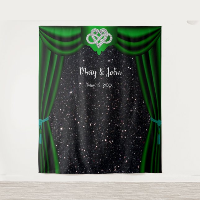 Black Glitter InfinityHeart Green Curtain Backdrop Tapestry (Front)