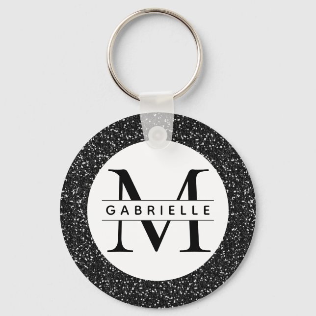 Black Glitter Initial and Custom Name Keychain (Front)