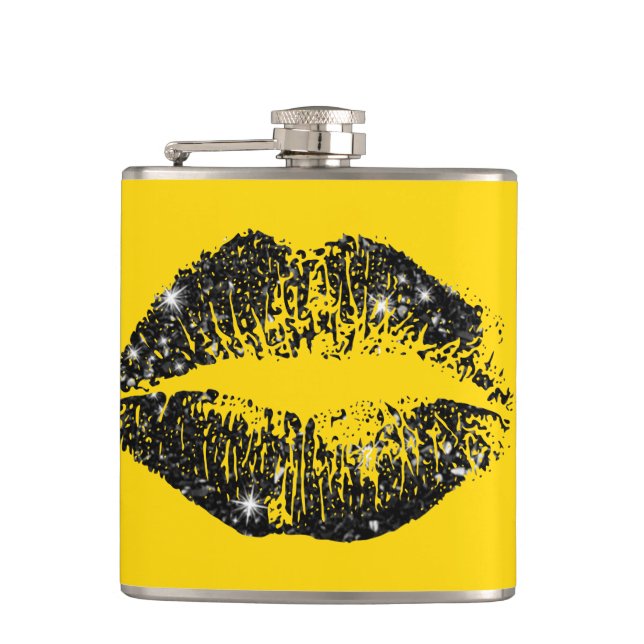 Black Glitter Lips Hip Flask (Front)