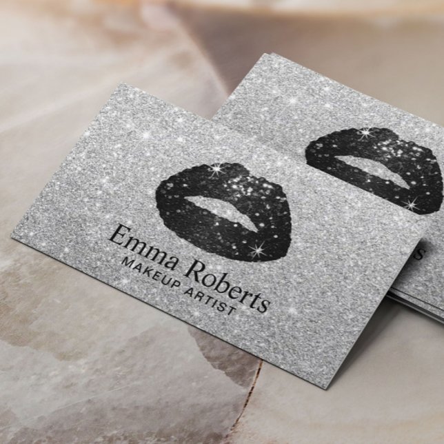 Black Glitter Lips Makeup Artist Modern Silver Business Card (Creator Uploaded)