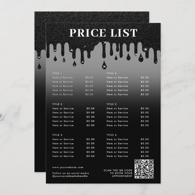 Black Glitter Minimalist Beauty Price List Menu  (Front/Back)