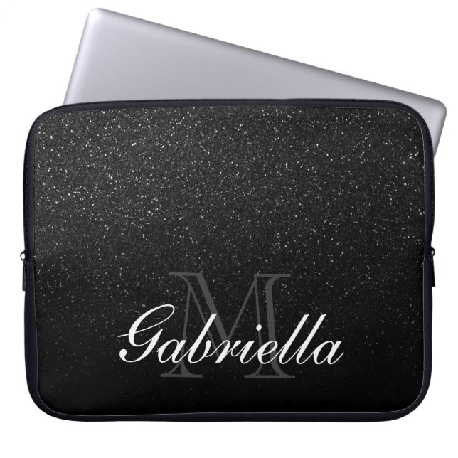 Black Glitter Monogram Laptop Sleeve (Front)