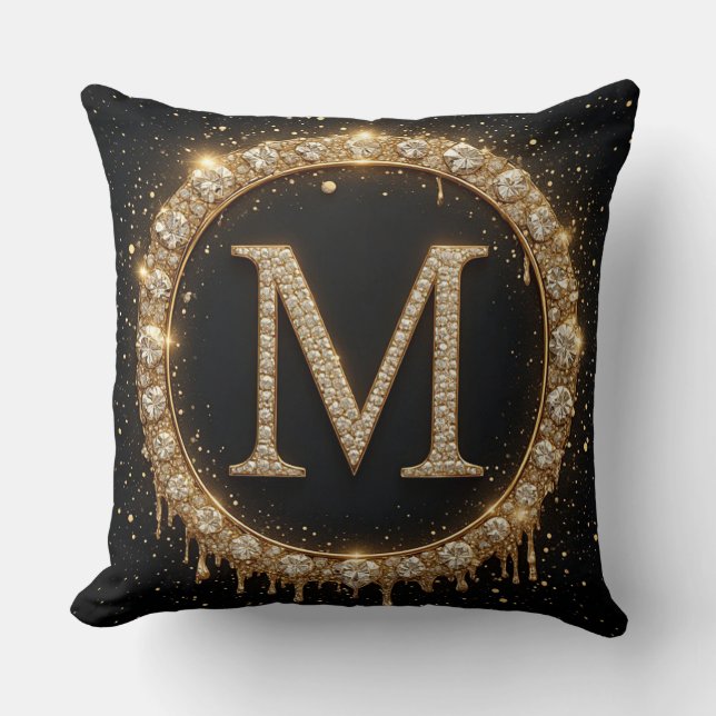 Black Glitter Monogram Letter M For Minimal Style Cushion (Front)
