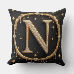 Black Glitter Monogram Letter N For Name Branding Cushion