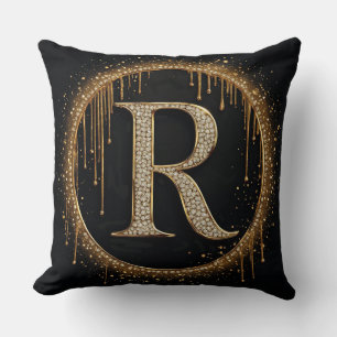 Black Glitter Monogram Letter R For Royal Branding Cushion