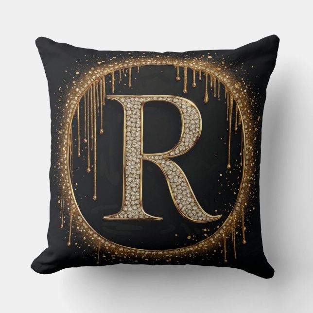 Black Glitter Monogram Letter R For Royal Branding Cushion (Front)