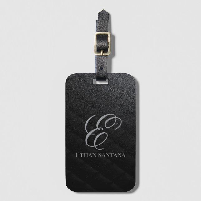 Black Glitter Monogram Luggage Tag (Front Vertical)