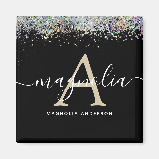Black Glitter Monogram Sparkle  Magnet (Front)