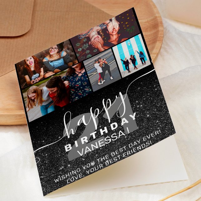 Black glitter ombre chic birthday photos grid card (Creator Uploaded)