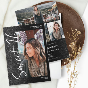 Black glitter ombre script 4 photos Sweet 16 Invitation