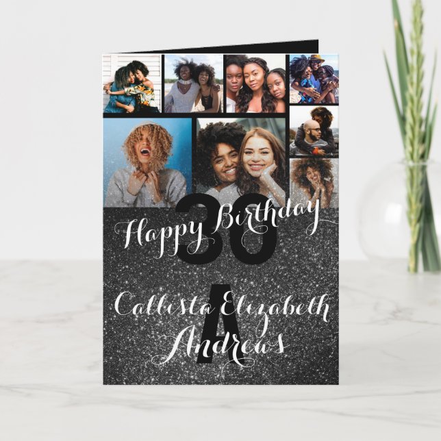 Black Glitter Photo Collage Happy Birthday Card (Front)