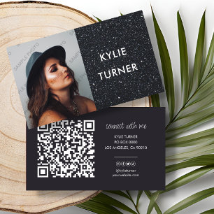 Black Glitter Photo Social Media QR Code Business Card