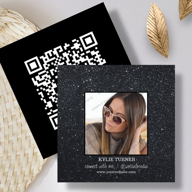 Black Glitter | Photo | Social Media QR Code   Square Business Card (Creator Uploaded)
