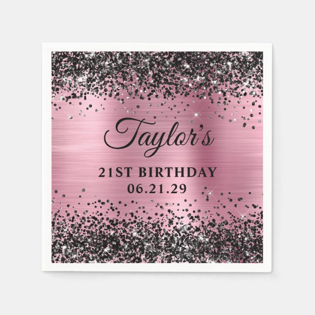 Black Glitter Pink Foil 21st Birthday Napkin (Front)