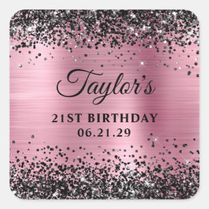 Black Glitter Pink Foil 21st Birthday Square Sticker