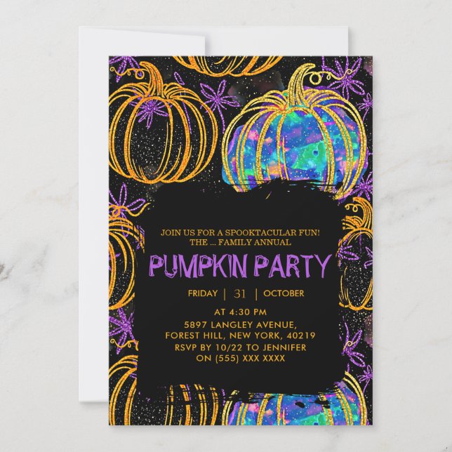 Black | Glitter Pumpkin Halloween Invitation (Front)