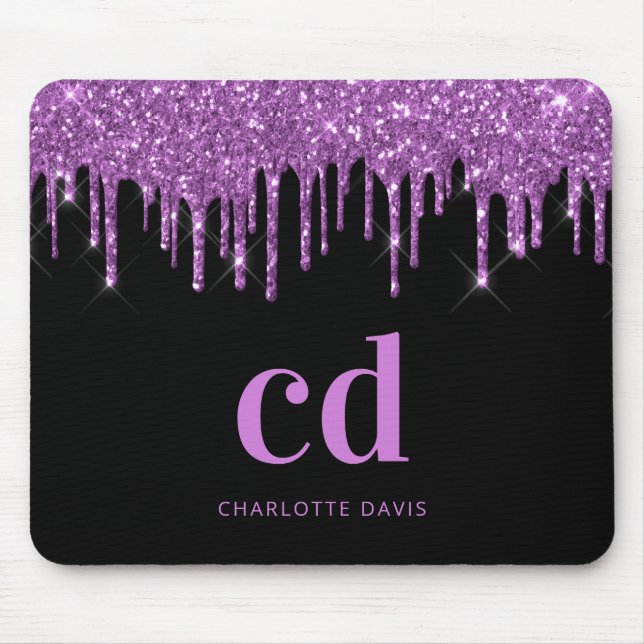Black glitter purple pink monogram initials mouse pad (Front)