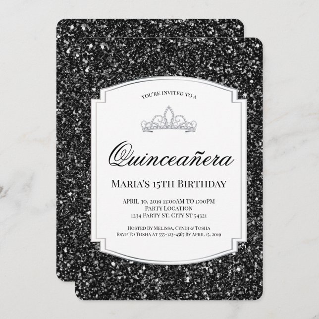 Black Glitter Quinceañera Invitations (Front/Back)