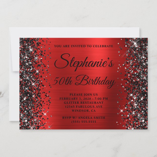 Black Glitter Red Fancy Monogram 50th Birthday Invitation (Front)