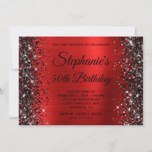 Black Glitter Red Fancy Monogram 50th Birthday Invitation