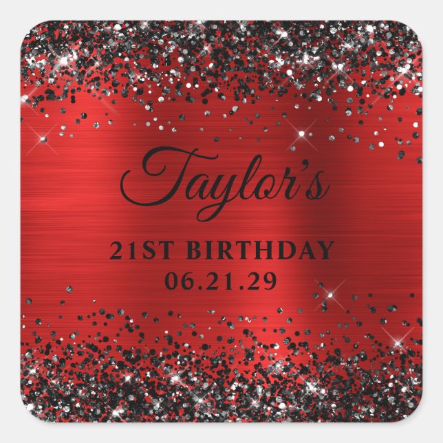 Black Glitter Red Foil 21st Birthday Square Sticker (Front)