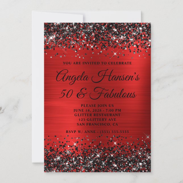 Black Glitter Red Foil 50 and Fabulous Birthday Invitation (Front)