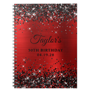 Black Glitter Red Foil 50th Birthday Guestbook Notebook