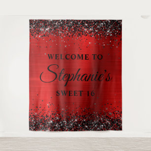 Black Glitter Red Foil Welcome to Sweet 16 Tapestry