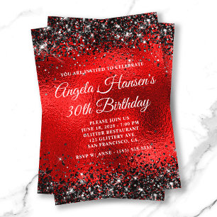 Black Glitter Red Glass Foil 30th Birthday Invitation