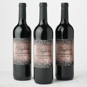 Black Glitter Rose Gold Foil 21st Birthday Wine Label