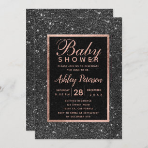 Black glitter rose gold typography baby shower invitation