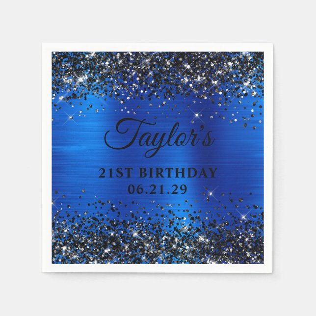 Black Glitter Royal Blue Foil 21st Birthday Napkin (Front)